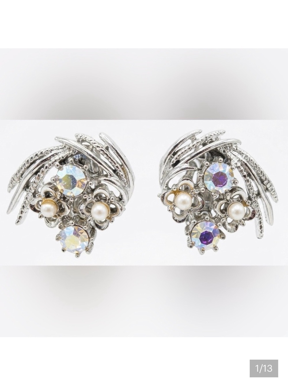 Vintage Aurora Borealis Rhinestone & Faux Pearl grandmacore Clip-On Earrings